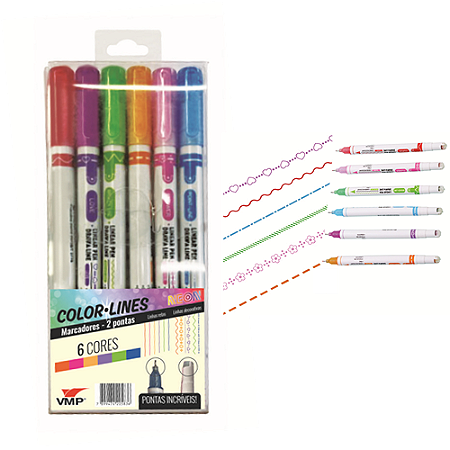 MARCADOR COLOR LINES 2 PONTAS 6 CORES VMP
