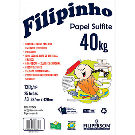 PAPEL SULFITE BRANCO A3 120G 40KG 25 FOLHAS FILIPERSON