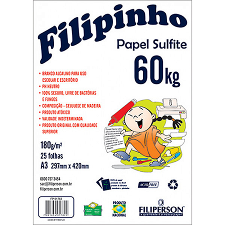 PAPEL SULFITE BRANCO A3 180G 60KG 25 FOLHAS FILIPERSON