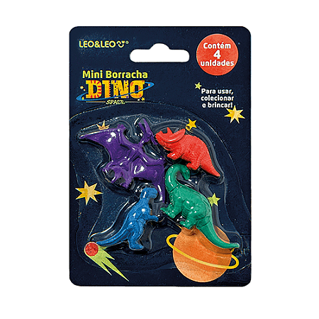 BORRACHA MINI DINO CORES SORTIDAS 4 UN CAIXA COM 12 BLISTERS LEO E LEO