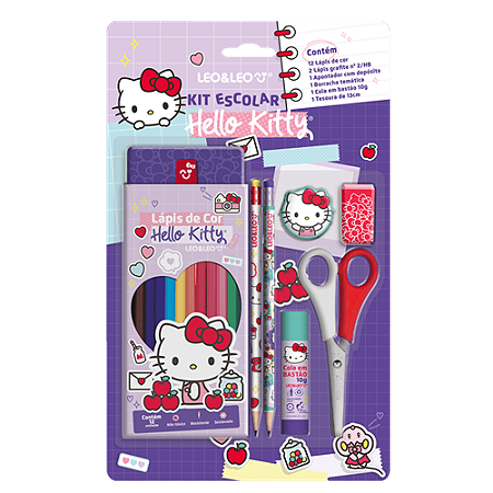 KIT ESCOLAR LAPIS 12 CORES/2 LAPIS PRETO/APONTADOR/BORRACHA/COLA BASTÃO/TESOURA HELLO KITTY LEO E LEO