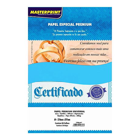 PAPEL ESPECIAL PREMIUM OFFSET AZUL A4 180G 60 KG 50 FOLHAS MASTERPRINT