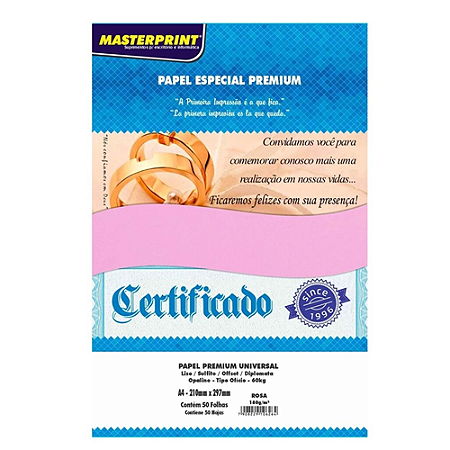 PAPEL ESPECIAL PREMIUM OFFSET ROSA A4 180G 60 KG 50 FOLHAS MASTERPRINT