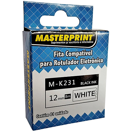 FITA COMPATIVEL MK-231 PARA ROTULADOR BROTHER 12MM PRETO FUNDO BRANCO MASTERPRINT