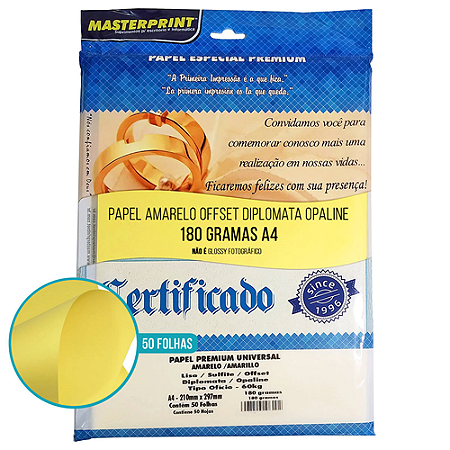 PAPEL ESPECIAL PREMIUM DIPLOMATA OPALINE LISO AMARELO A4 180G 50 FOLHAS MASTERPRINT