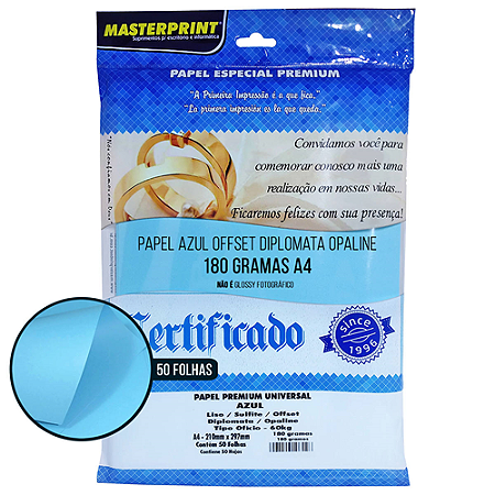 PAPEL ESPECIAL PREMIUM DIPLOMATA OPALINE LISO AZUL A4 180G 50 FOLHAS MASTERPRINT