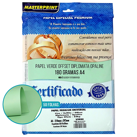 PAPEL ESPECIAL PREMIUM DIPLOMATA OPALINE LISO VERDE A4 180G 50 FOLHAS MASTERPRINT
