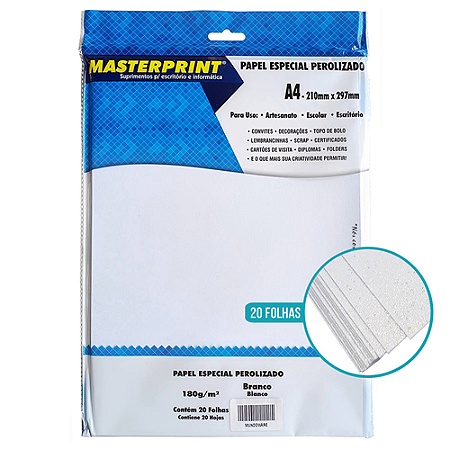 PAPEL ESPECIAL PEROLIZADO BRANCO A4 180G 20 FOLHAS MASTERPRINT
