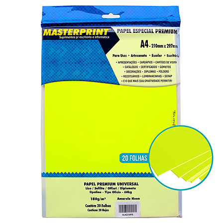 PAPEL ESPECIAL PREMIUM UNIVERSAL AMARELO NEON A4 180G 20 FOLHAS MASTERPRINT