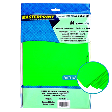 PAPEL ESPECIAL PREMIUM UNIVERSAL VERDE NEON A4 180G 20 FOLHAS MASTERPRINT