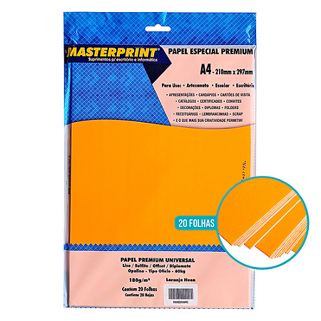 PAPEL ESPECIAL PREMIUM UNIVERSAL LARANJA NEON A4 180G 20 FOLHAS MASTERPRINT