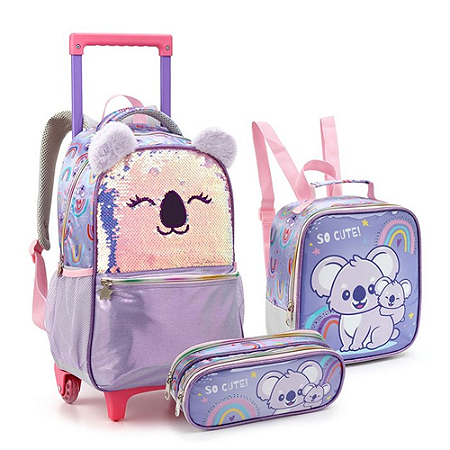 KIT MOCHILA DE RODINHAS COM LANCHEIRA E ESTOJO SO CUTE COALA SEANITE
