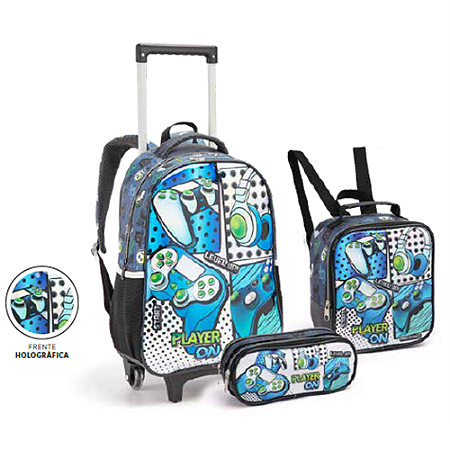 KIT MOCHILA DE RODINHAS COM LANCHEIRA E ESTOJO PLAYER ON SEANITE