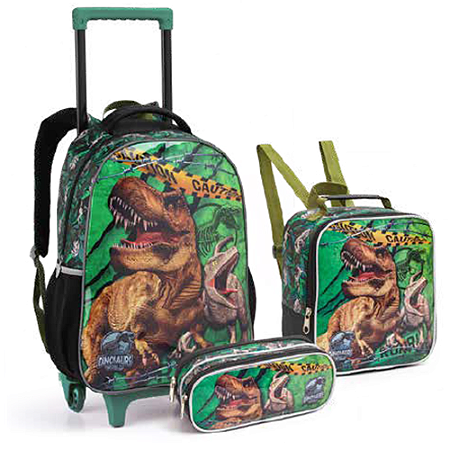 KIT MOCHILA DE RODINHAS COM LANCHEIRA E ESTOJO DINOSSAURS SEANITE