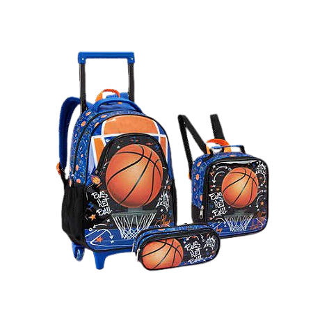 KIT MOCHILA DE RODINHAS COM LANCHEIRA E ESTOJO BASKET BALL SEANITE