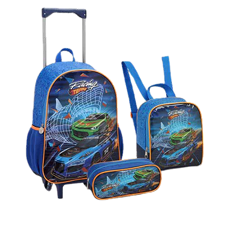KIT MOCHILA DE RODINHAS COM LANCHEIRA E ESTOJO RACING TEAM SEANITE