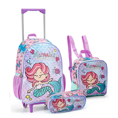 KIT MOCHILA DE RODINHAS COM LANCHEIRA E ESTOJO MERMAIDS SEANITE