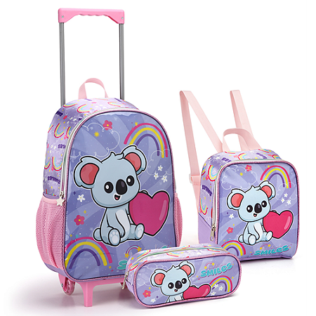 KIT MOCHILA DE RODINHAS COM LANCHEIRA E ESTOJO SMILES COALA SEANITE