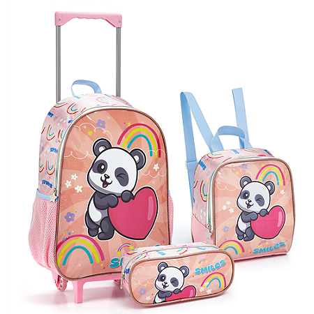 KIT MOCHILA DE RODINHAS COM LANCHEIRA E ESTOJO SMILES PANDA SEANITE