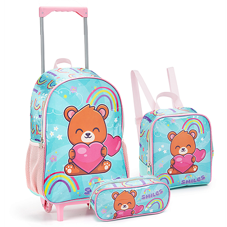 KIT MOCHILA DE RODINHAS COM LANCHEIRA E ESTOJO SMILES URSO SEANITE