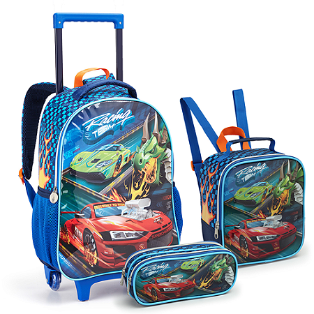 KIT MOCHILA DE RODINHAS COM LANCHEIRA E ESTOJO NOVO RACING TEAM SEANITE