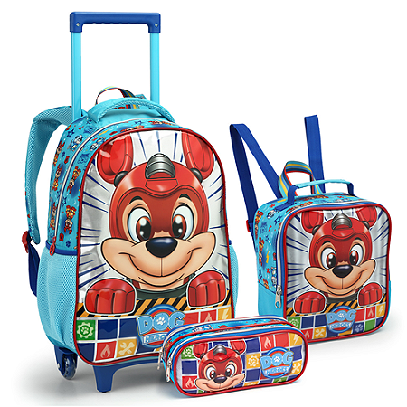 KIT MOCHILA DE RODINHAS COM LANCHEIRA E ESTOJO DOG HEROES AZUL SEANITE