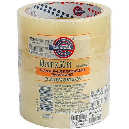 FITA PARA EMPACOTAMENTO EURO PP33 TRANSPARENTE 18MM X 50M 6 UNIDADES EUROCEL