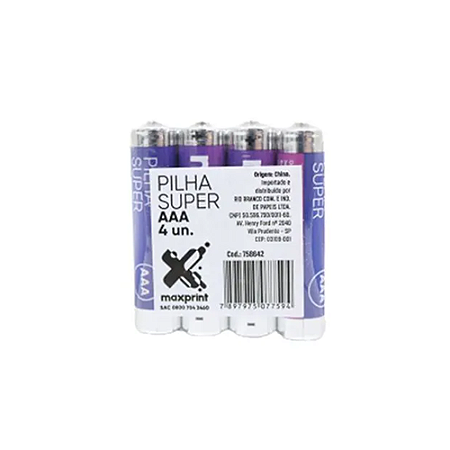 PILHA SUPER 1,5V COMUM ZINCO CARVÃO AAA 4 UNIDADES MAXPRINT