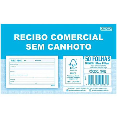 IMPRESSO RECIBO COMERCIAL SEM CANHOTO PEQUENO 50 FOLHAS (20UN) 125 x 85 MM ANIMATIVA