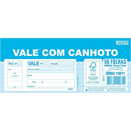 IMPRESSO VALE COM CANHOTO 100 FOLHAS (20UN) 142 x 68 MM ANIMATIVA