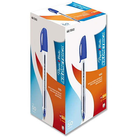 CANETA ESFEROGRÁFICA KILOMETRICA 100 1.0 MEDIA AZUL 50 UN PAPER MATE