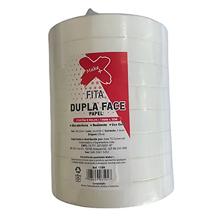 FITA DUPLA FACE PAPEL 18 MM x 30 M 8 UNIDADES MAKE+