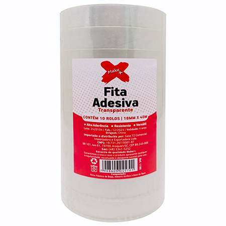 FITA ADESIVA TRANSPARENTE 18 MM X 40M 10 UNIDADES MAKE+