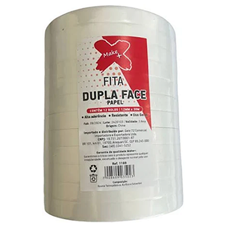 FITA DUPLA FACE PAPEL 12 MM x 30 M 12 UNIDADES MAKE+