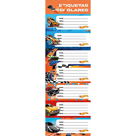 ETIQUETAS AUTO ADESIVAS HOT WHEELS 40 x 100 MM 10 CARTELAS COM 7 ETIQUETAS CADA KAIROS