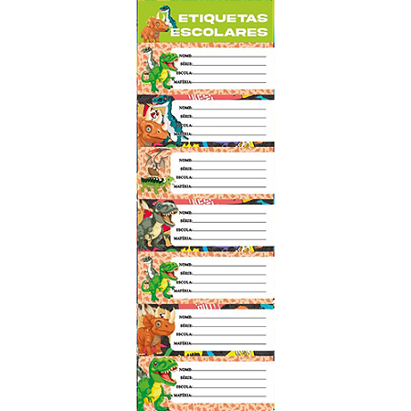 ETIQUETAS AUTO ADESIVAS DINO 40 x 100 MM 10 CARTELAS COM 7 ETIQUETAS CADA KAIROS