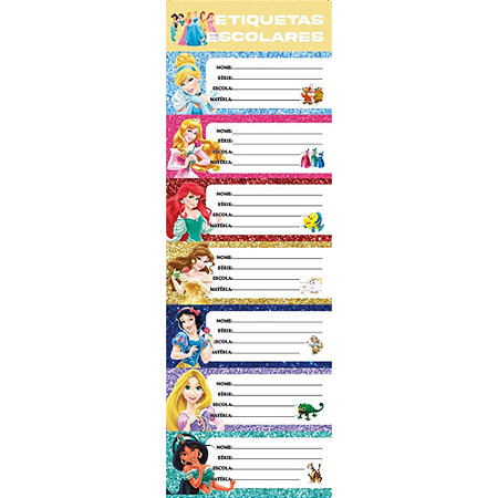 ETIQUETAS AUTO ADESIVAS PRINCESAS 40 x 100 MM 10 CARTELAS COM 7 ETIQUETAS CADA KAIROS