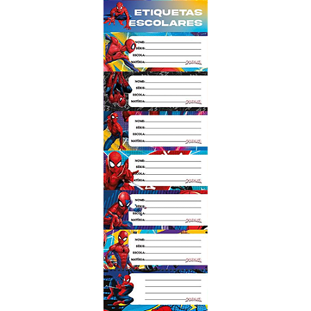ETIQUETAS AUTO ADESIVAS SPIDER MAN 40 x 100 MM 10 CARTELAS COM 7 ETIQUETAS CADA KAIROS