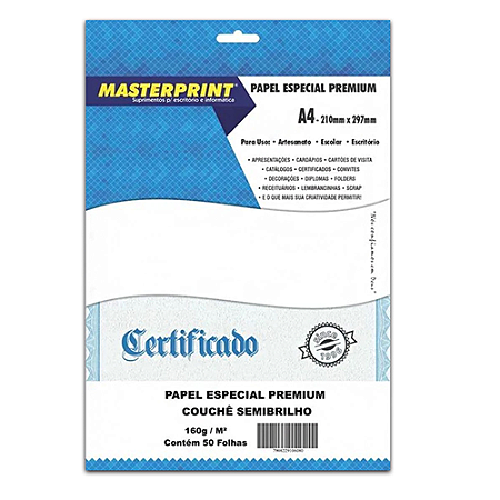 PAPEL ESPECIAL PREMIUM COUCHE SEMI BRILHO A4 160G 50 FOLHAS MASTERPRINT