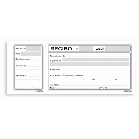 IMPRESSO RECIBO COMERCIAL COM CANHOTO PRETO 50 FOLHAS (20UN) 208 x 86 MM SIDGRAPH