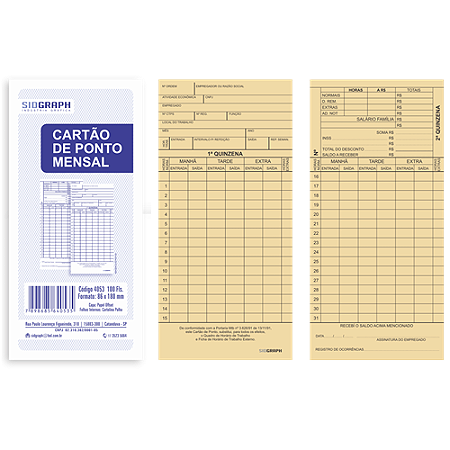 IMPRESSO CARTAO DE PONTO MENSAL MTB 100 FOLHAS SIDGRAPH