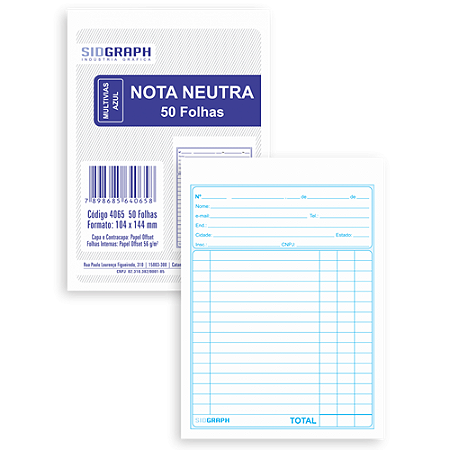IMPRESSO NOTA NEUTRA 1/32 PEQUENO MULTIVIAS AZUL 50 FOLHAS (20UN) 104 x 144 MM SIDGRAPH