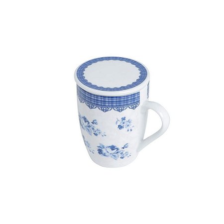 Caneca de Porcelana c/ tampa e filtro - Azul/branca - 310ml
