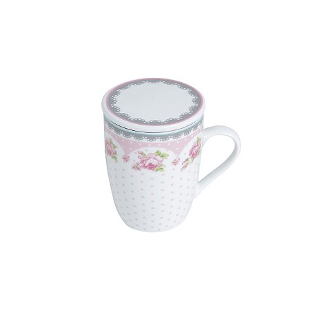 Caneca de porcelana super white c/tampa E filtro rose rosa/branco 310ml