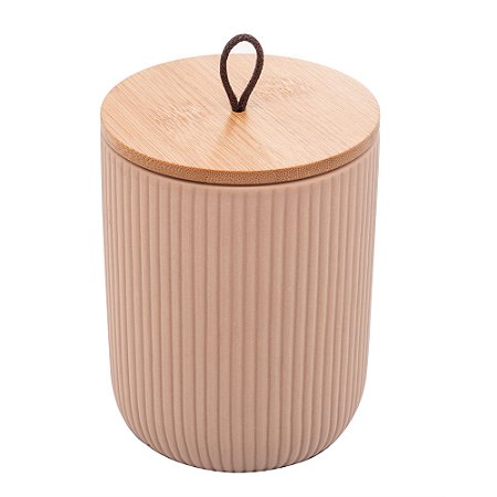 Potiche Cerâmica Lines Bege Tampa De Bambu 12,5cm - Lyor