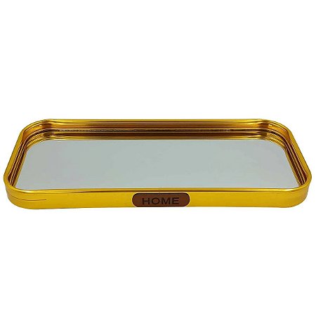 Bandeja Retangular de metal com Espelho 10x22cm - Dourada