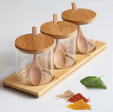 Kit 3 Potes Porta Tempero de Vidro com Colher e Tampa de Bambu e bandeja