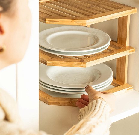 Prateleira Organizadora Armarios Cozinha Pratos Tripla Bambu