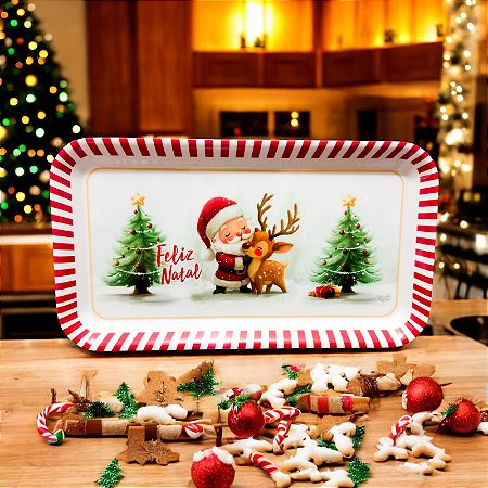 Travessa Bandeja Retangular Natal Papai Noel 29,8x16,5cm