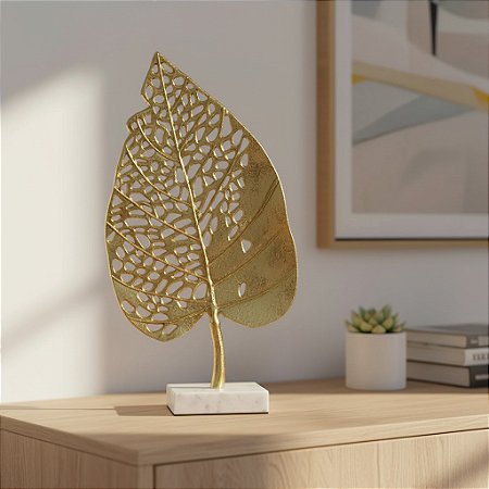 Escultura Folha Decorativa 49cm em Metal e Marmore Grande